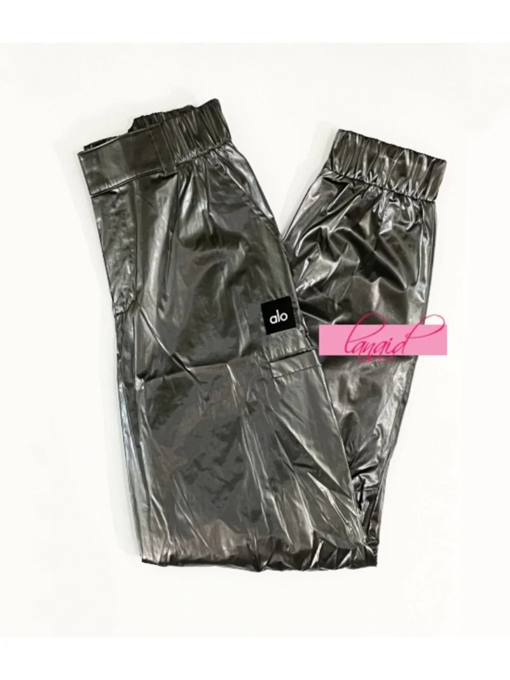 Alo Metallic High-Waist Break Line Joggers Silver Chrome Shiny Hi-Rise Waisted S